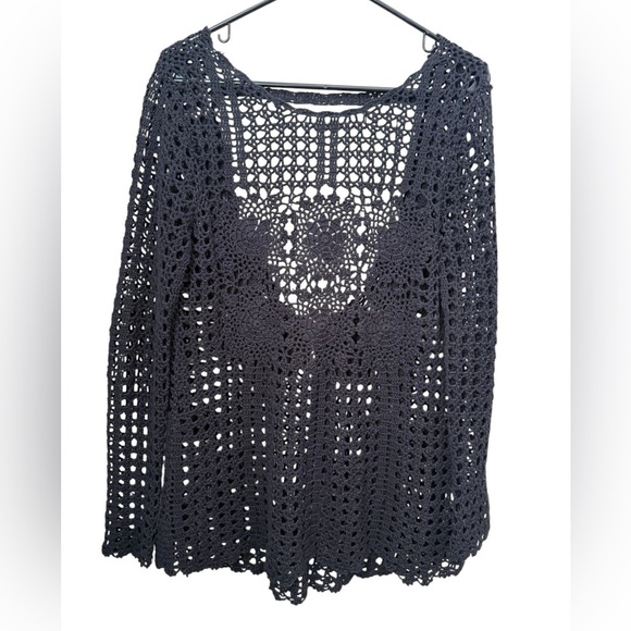 FREE PEOPLE Black Cotton Open Back Crochet Sweater XS - Picture 3 of 16